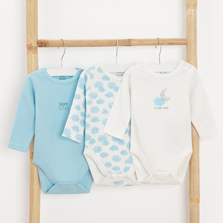 White, light blue and ecru long sleeve bodysuits with moon and clouds print- 3 pack