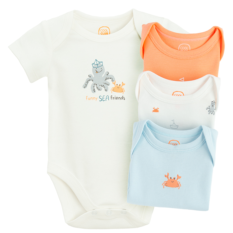 White, orange and light blue short sleeve bodysuits with sea world print- 4 pack