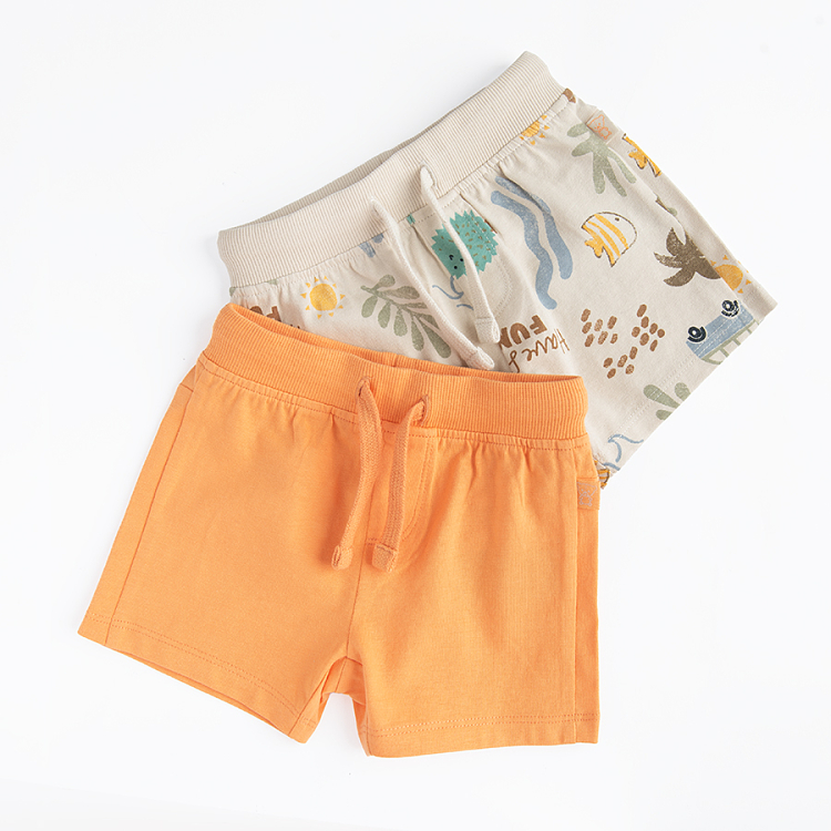 Orange and beige shorts with summer travel print- 2 pack