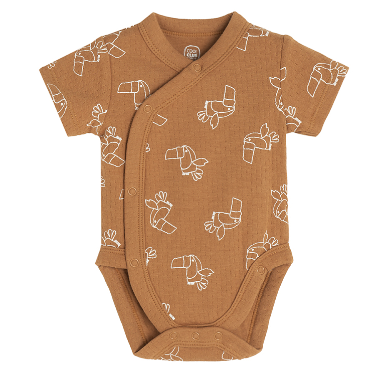 Beige and brown wrap short sleeve bodysuits with jungle animals print