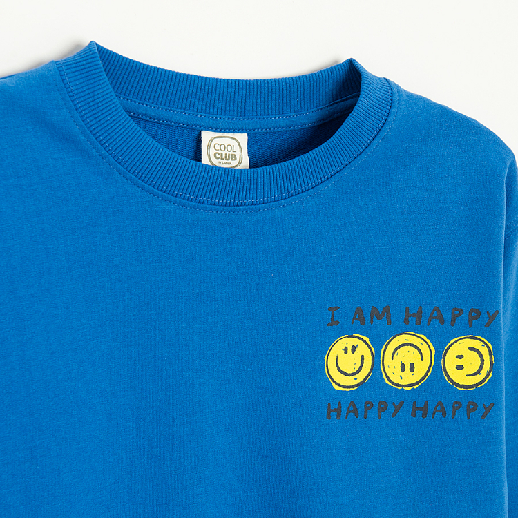 Blue sweatshirt with I AM HAPPY and Smileys print