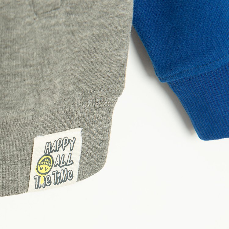 Blue, grey, white hooded zip through sweatshirt