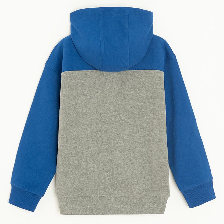 Blue, grey, white hooded zip through sweatshirt
