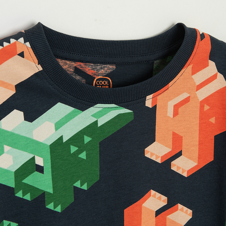Blue T-shirt with building blocks dinosaurs
