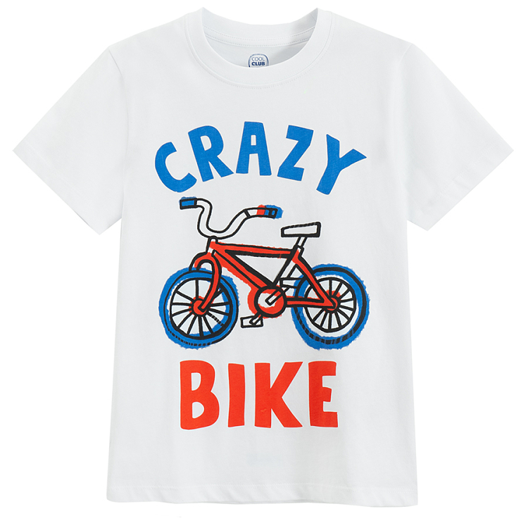 White T-shirt with Crazy Bike print