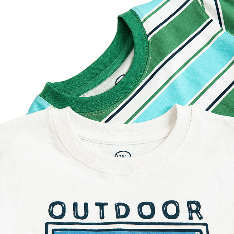 White T-shirt with Outdoors print and green stripes T-shirt- 2 pack