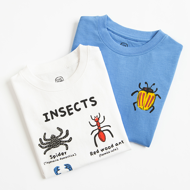 White T-shirt with insects print and blue T-shirt with beetle print - 2 pack