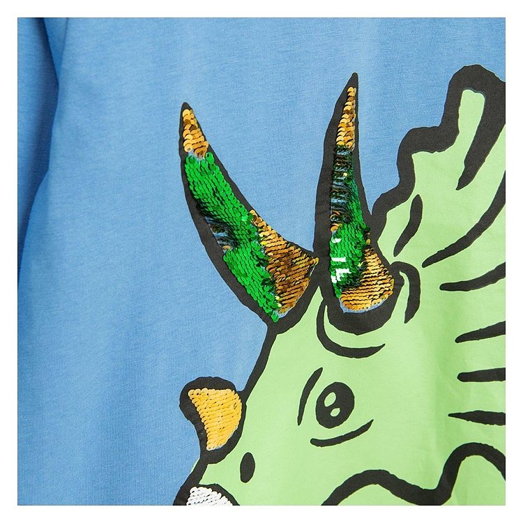 Blue long sleeve blouse with fluo dinosaur print