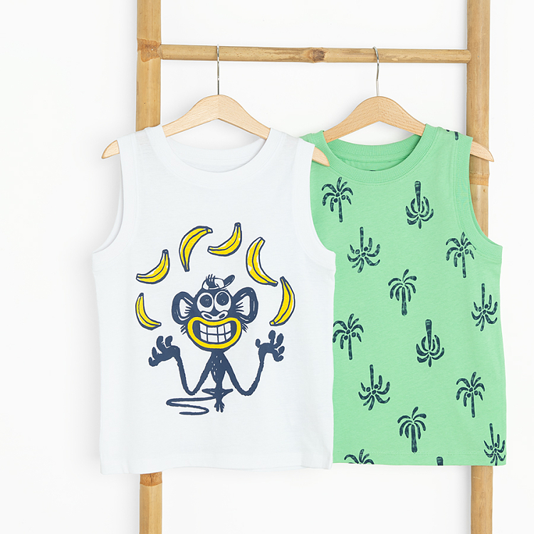 White with blue monkey and bananas and green with blue plam trees print T-shirts- 2 pack