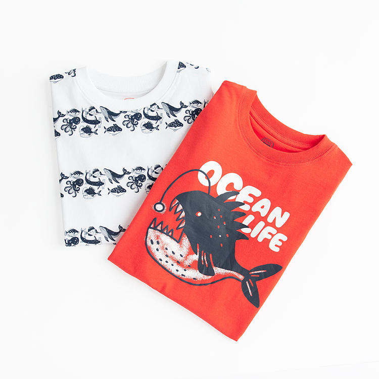 White and red T-shirts with Ocean Life print