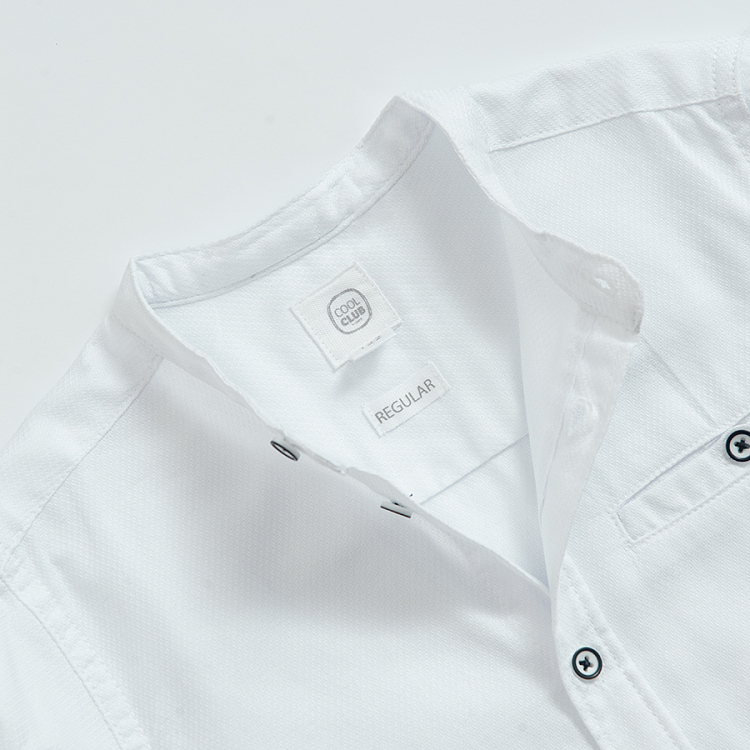 White long sleeve button down shirt with mao collar
