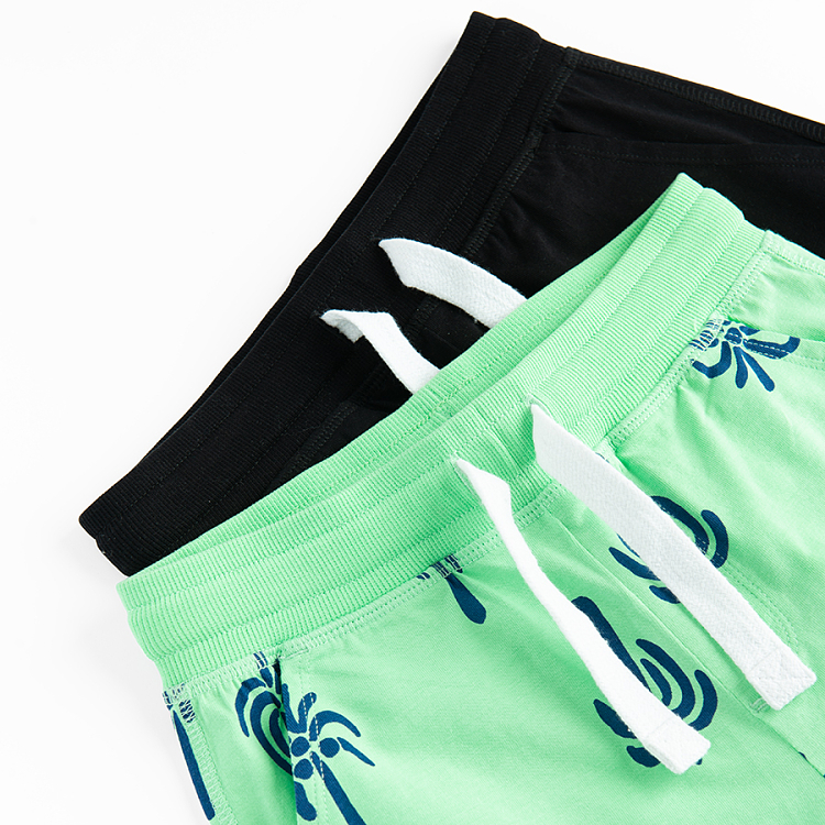 Black and green with palm tress print shorts with cord- 2 pack