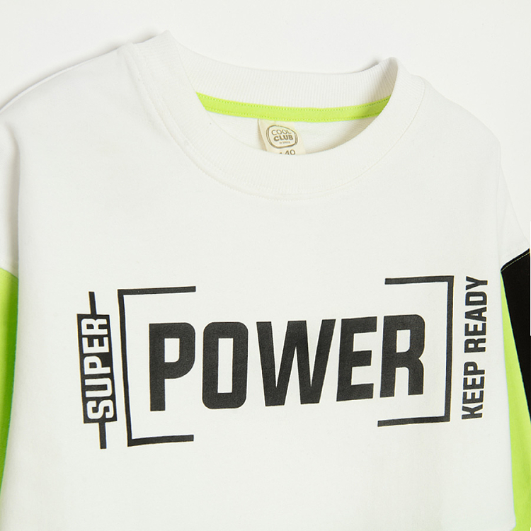 White, green and black sweatshirt