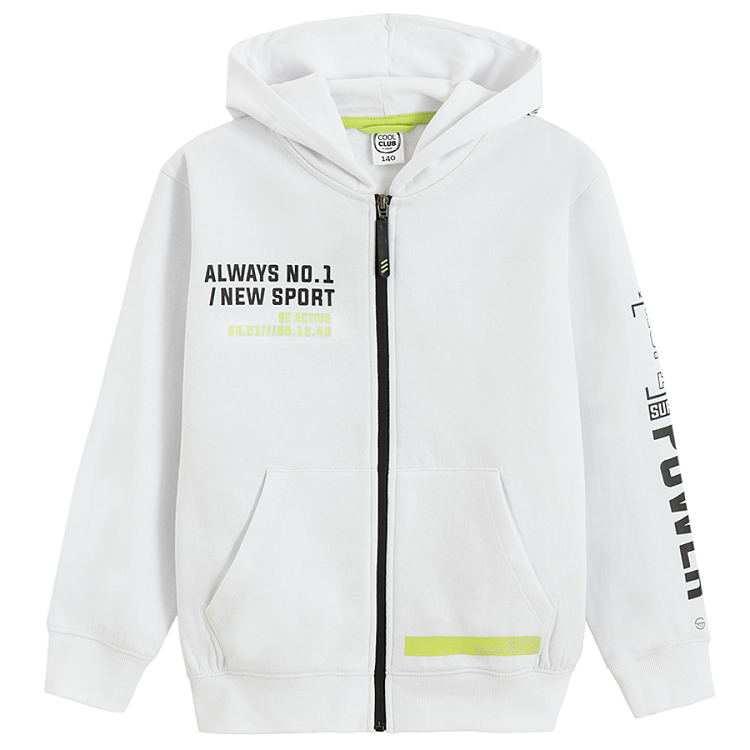 White zip through hooded sweatshirt with POWER 41 Print