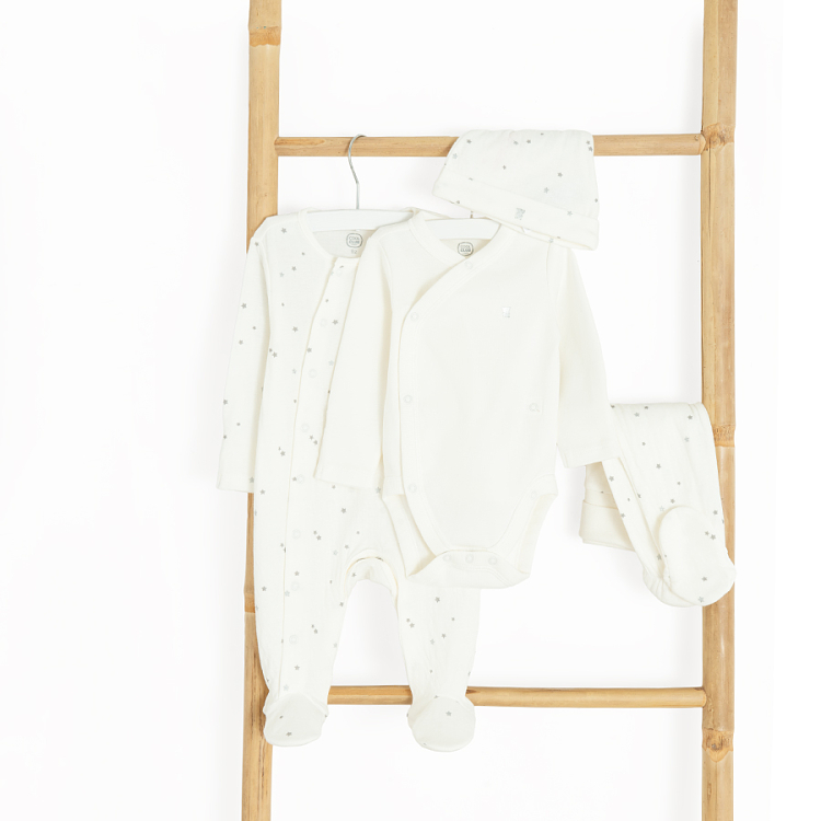 Ecru baby set- long sleeve wrap bodysuit, footed leggings, footed overall and all hear hat- 4 pieces