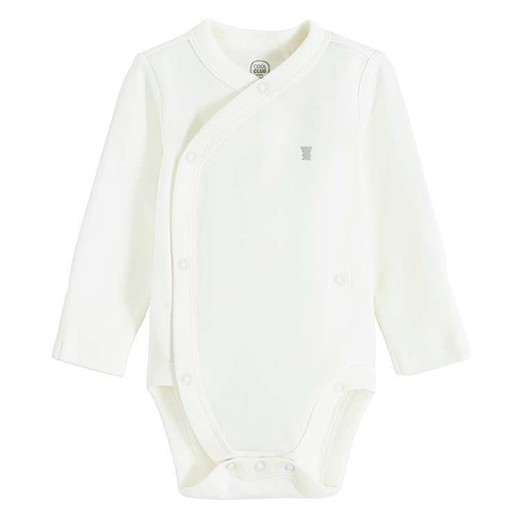 Ecru baby set- long sleeve wrap bodysuit, footed leggings, footed overall and all hear hat- 4 pieces