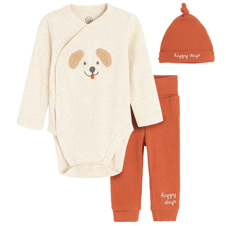Light grey long sleeve bodysuit with dog print, brown footless jogging pants and beanie set- 3 pieces