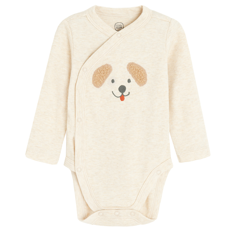Light grey long sleeve bodysuit with dog print, brown footless jogging pants and beanie set- 3 pieces