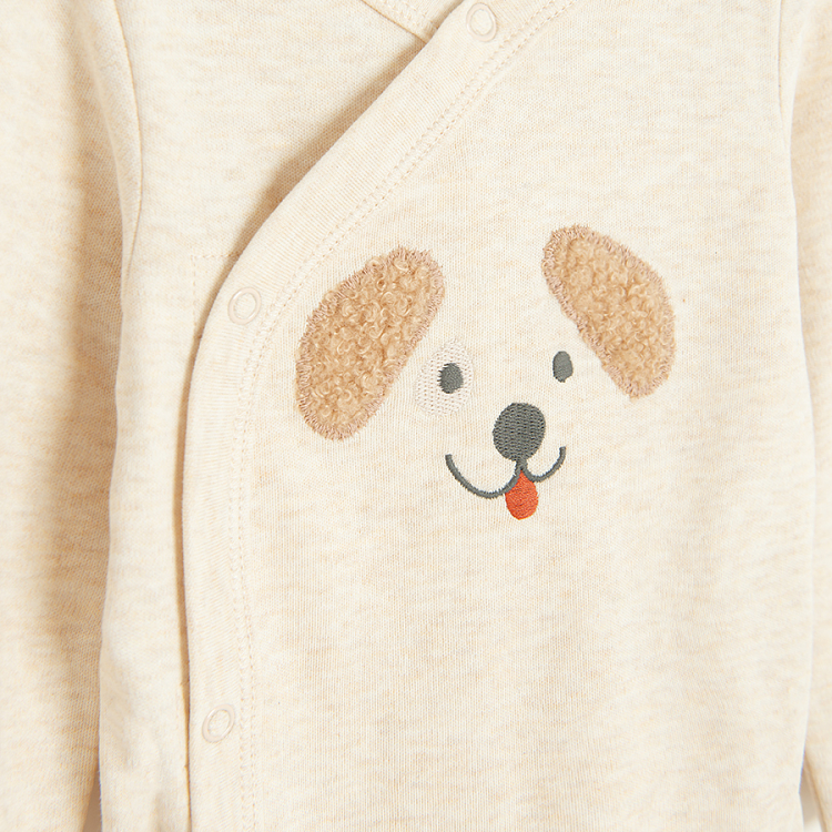 Light grey long sleeve bodysuit with dog print, brown footless jogging pants and beanie set- 3 pieces