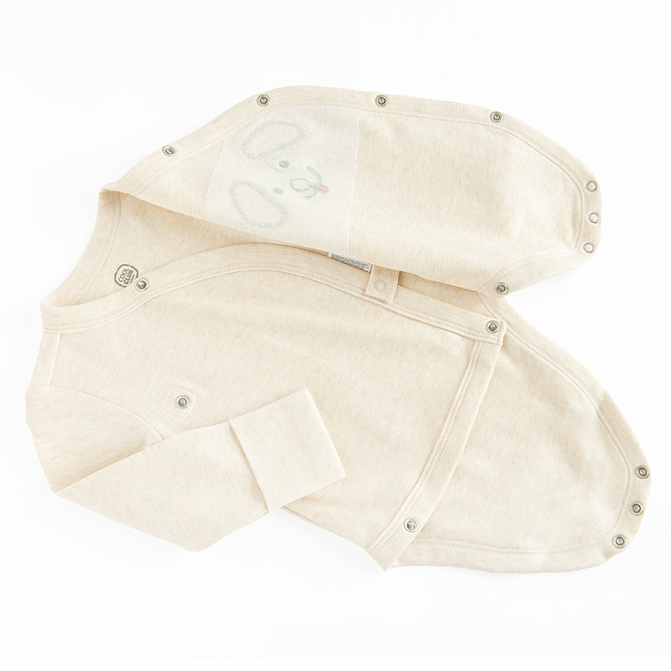 Light grey long sleeve bodysuit with dog print, brown footless jogging pants and beanie set- 3 pieces