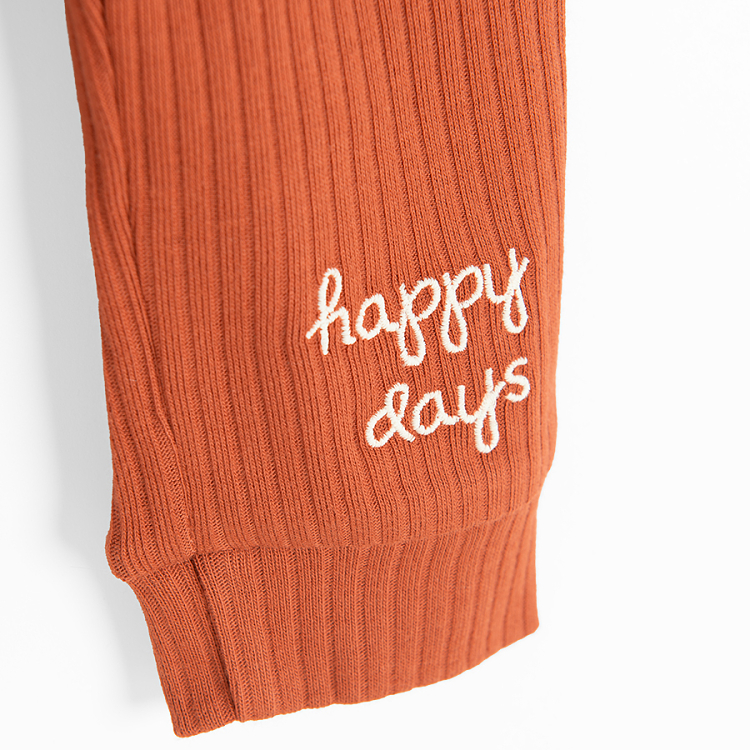 Light grey long sleeve bodysuit with dog print, brown footless jogging pants and beanie set- 3 pieces