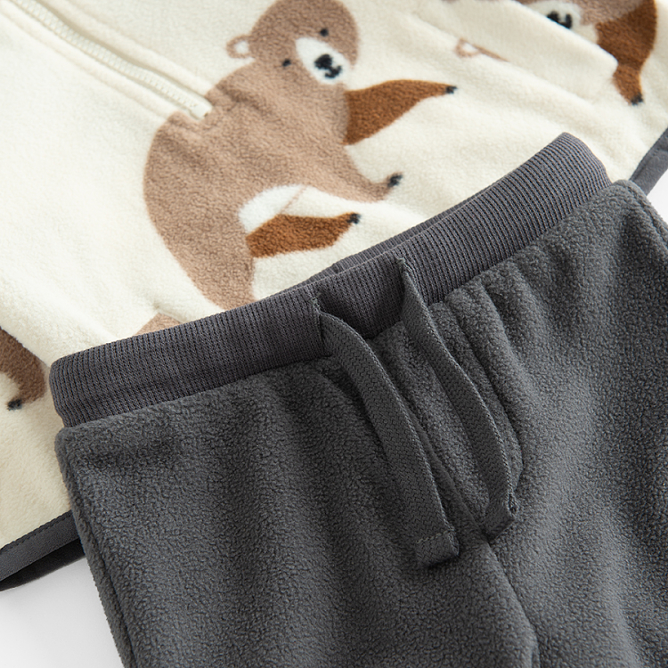 Σετ φόρμα φούτερ εκρού fleece με στάμπα αρκούδες και fleece γκρι φόρμα