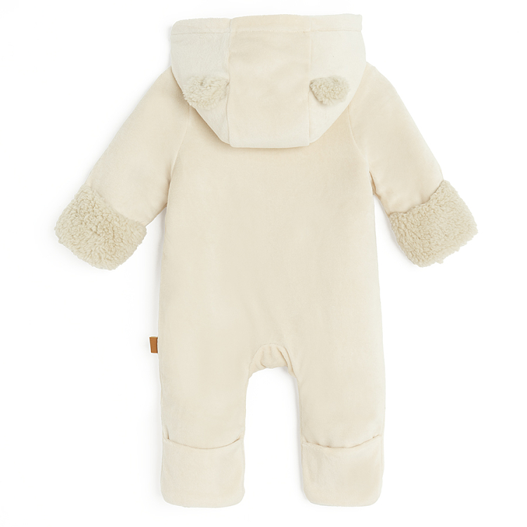 Ecru footless hooded overall outfit with lion print