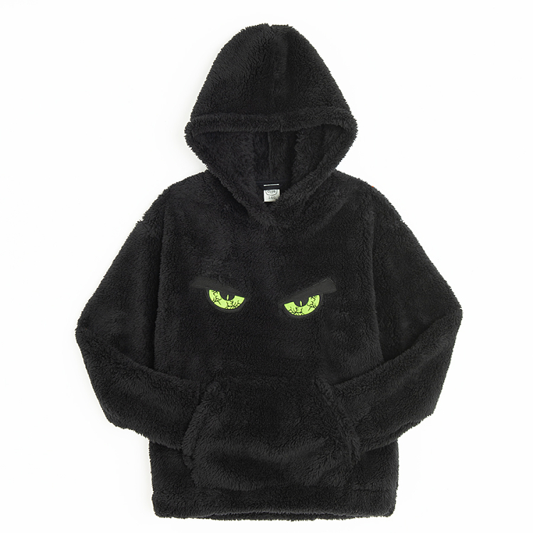 Φούτερ μαύρο fleece με κουκούλα και στάμπα πράσινα μάτια