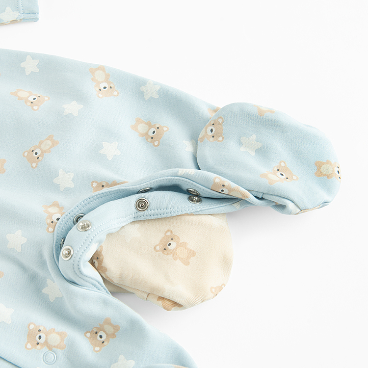Φορμάκι ολόσωμο 2 τμχ γαλάζιο και μπεζ με στάμπα αρκουδάκια
