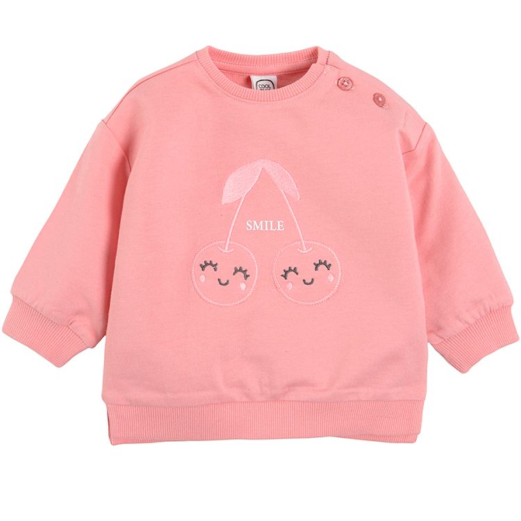 Pink sweatshirt with buttons and smiley cherries