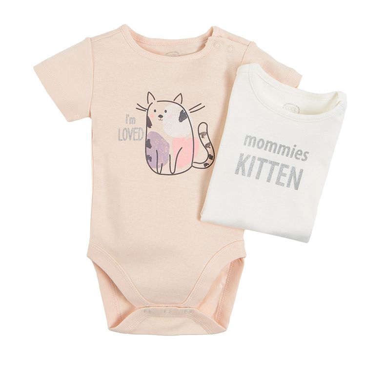 Pink and white with kitten print short sleeve bodysuits 2-pack