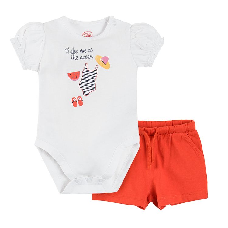 Short sleeve bodysuit with beach theme and red shorts clothing set