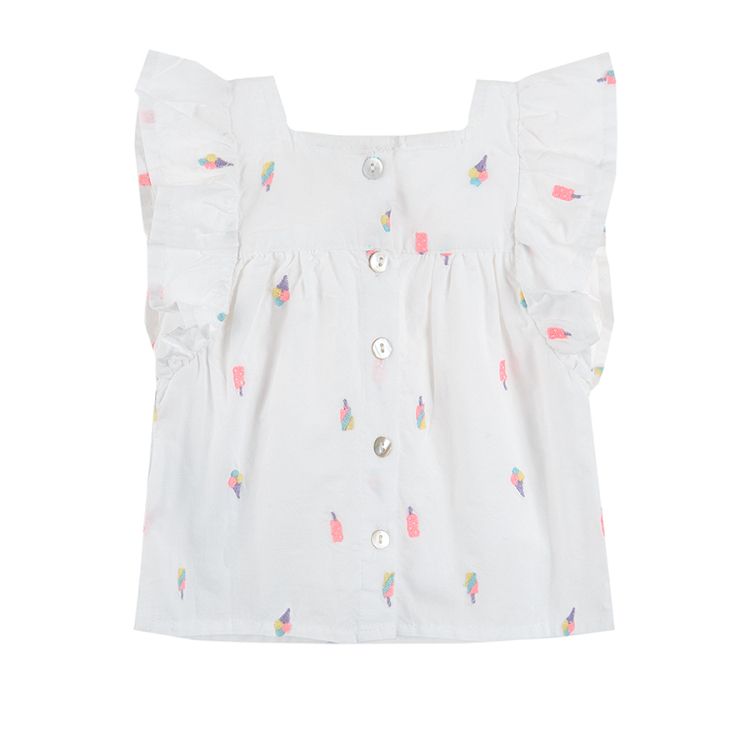 Sleeveless blouse with ice cream print lace shorts and headband clothing set