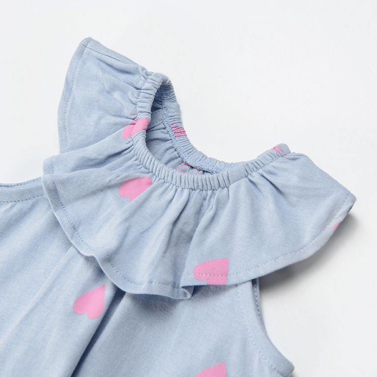 Blue dress with ruffle and pink hearts print