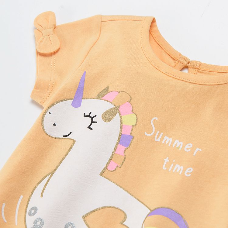 Short sleeve blouse with unicorn floaties and striped leggings clothing set