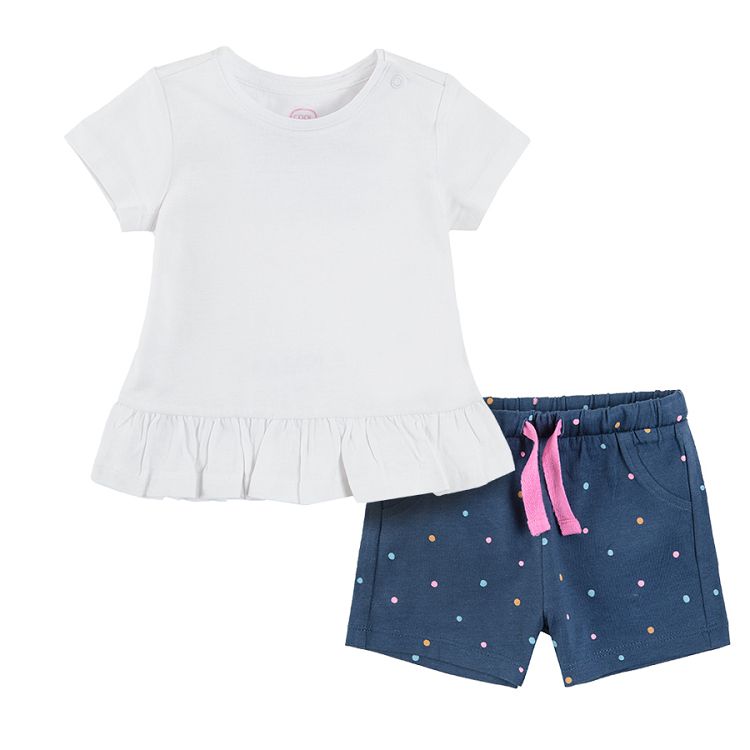 White short sleeve blouse with ruffle and blue polka dot shorts clothing set