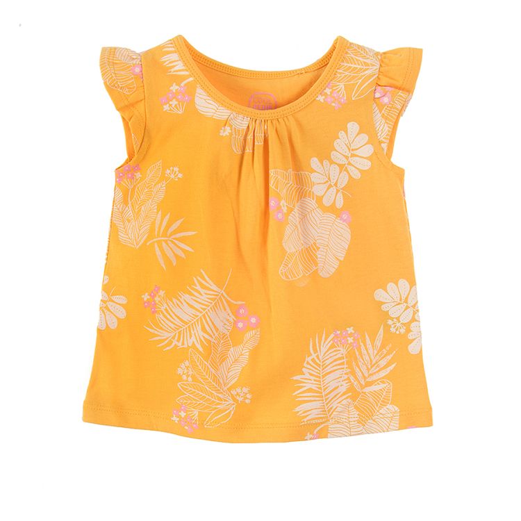 Yellow sleeveless blouse with ruffle and tropical leaves print