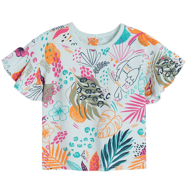 White short sleeve T-shirt with wild nature and parrot print and fuchsia shorts set