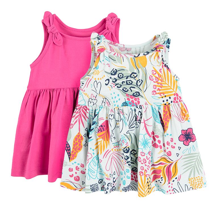 Fuchsia with bows and white with tropical leaves dresses 2-pack