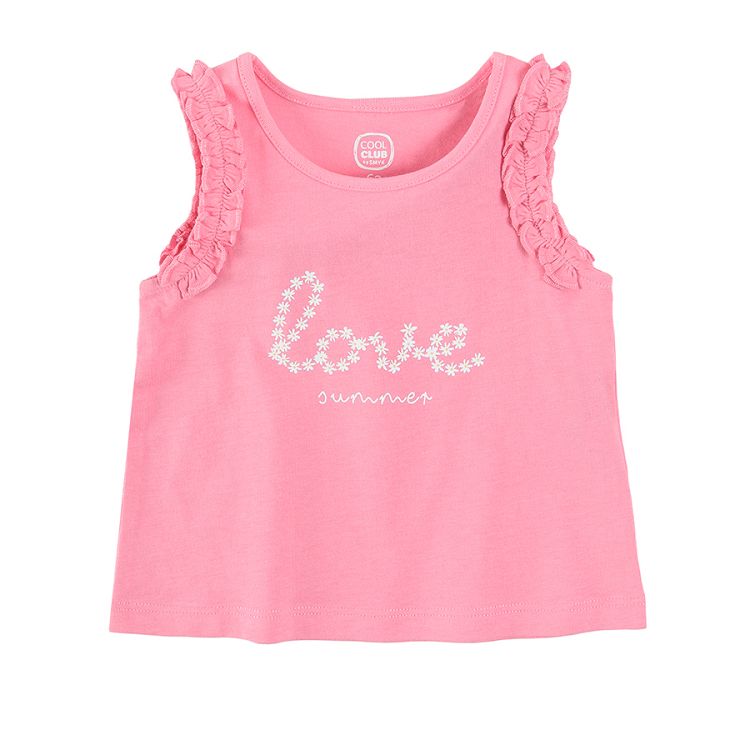Pink sleeveless blouse with ruffle and love print