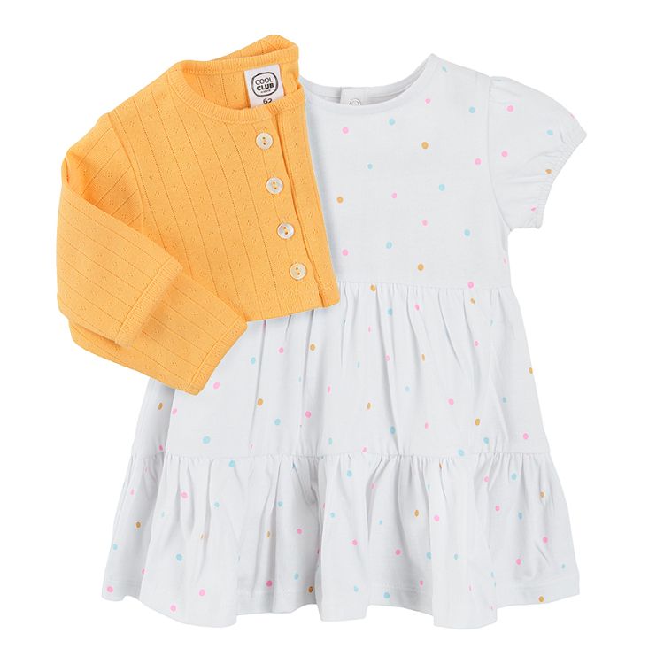 White short sleeve dress with mix color dots and yellow bolero clothing set