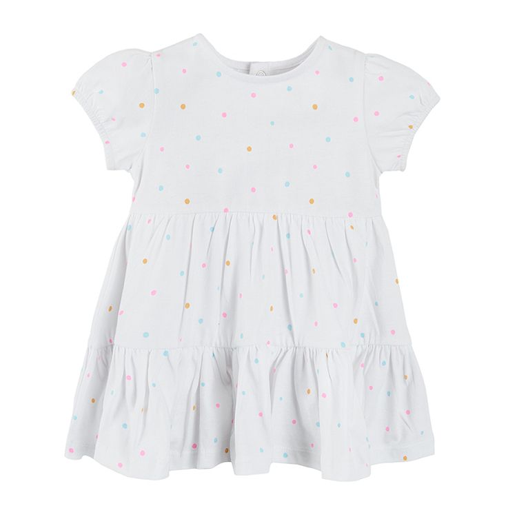 White short sleeve dress with mix color dots and yellow bolero clothing set