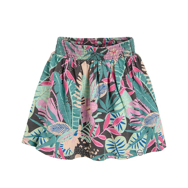 Skirt with elastic waist and tropical leaves print