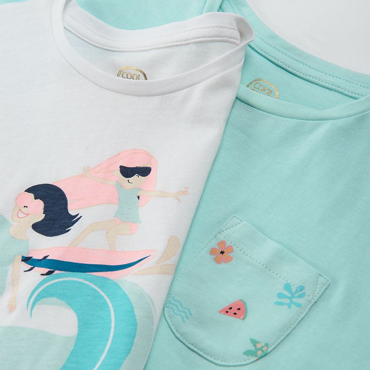 White and blue short sleeve blouses with summer prints 2-pack