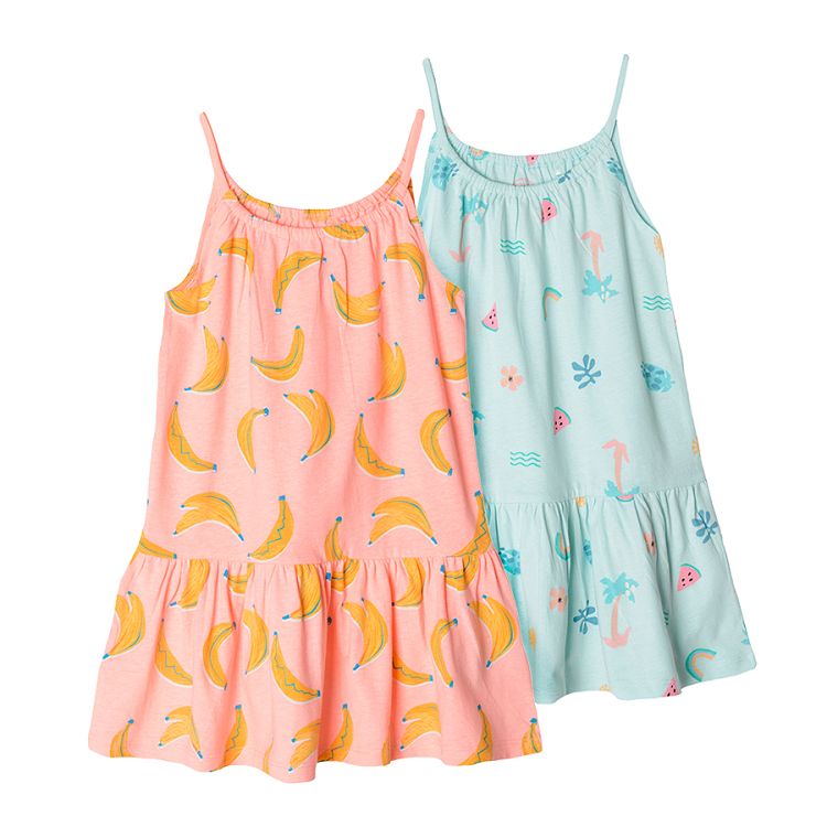 Pink with banana print and light blue with summer print dresses 2-pack