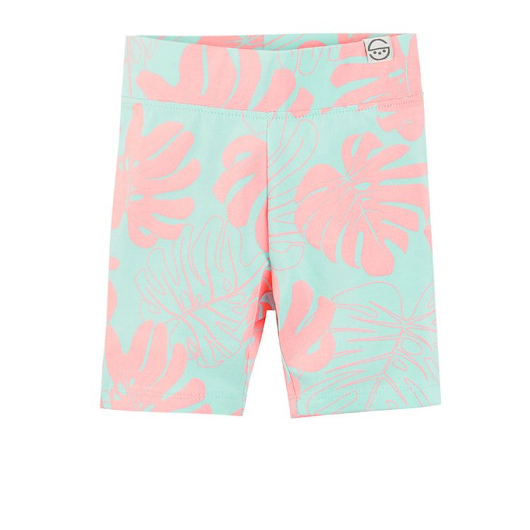 Light bluw leggings with prints and pink leaves