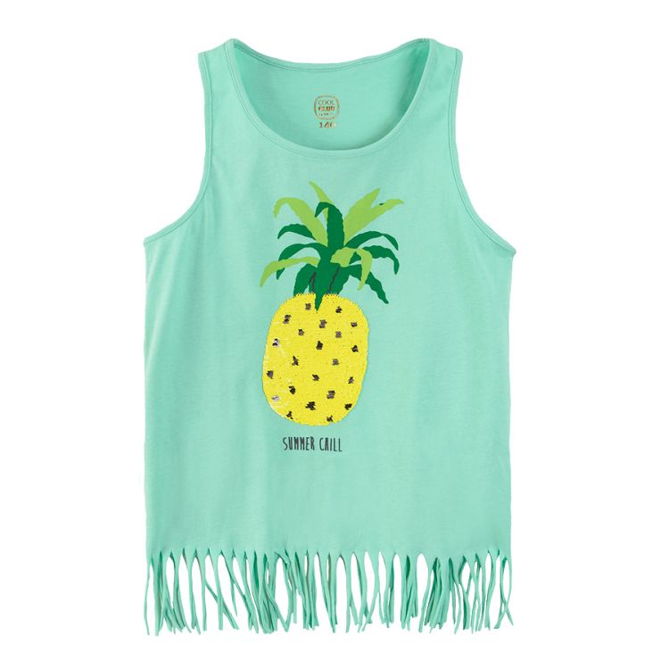 Sleeveless blouse with fringes and pineapple sequin print