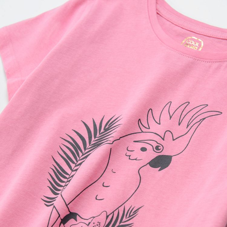 Pink short sleeve blouse with parrots print