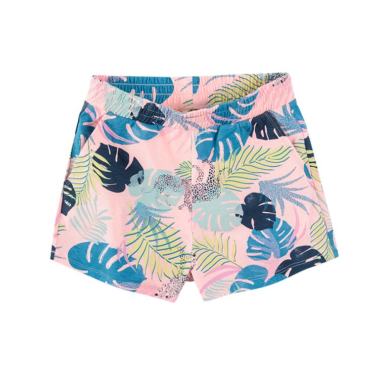 Pink shorts with mix color tropical leaves