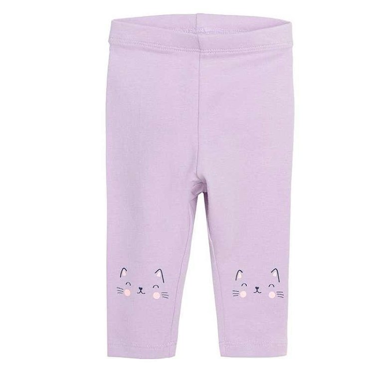 Blue white with floral and purple with cat print leggings 3 pack